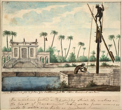सिंचाई को दर्शाता एक औपनिवेशिक उद्यान, लगभग 1787 (कागज़ पर जल रंग) द्वारा अंग्रेजी स्कूल