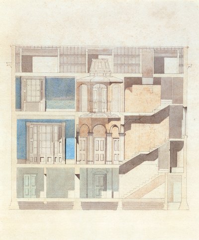 शास्त्रीय शहर के घर के इंटीरियर के लिए एक क्रॉस सेक्शन डिजाइन, c.1840 (पेन और स्याही के साथ wc) द्वारा अंग्रेजी स्कूल