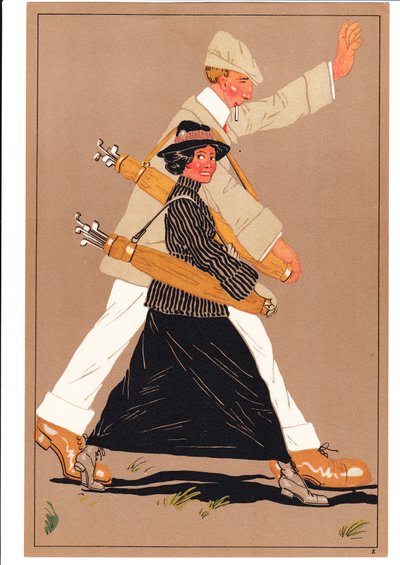कॉमिक और हास्य मुद्राओं में दो गोल्फरों का एक प्रिंट, c.1920 द्वारा अंग्रेजी स्कूल