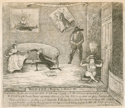 F Reynoldss burlesque Werter का एक दृश्य, पहली बार 14 मार्च 1786 को लंदन के कोवेंट गार्डन थिएटर में प्रदर्शन द्वारा अंग्रेजी स्कूल