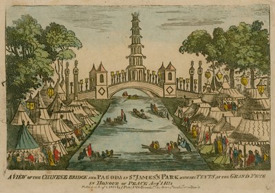 1 अगस्त 1814 को ऑनर ऑफ पीस में ग्रैंड फेबे पर टेंट के साथ सेंट जेम्‍स पार्क में चीनी पुल और शिवालय का एक दृश्य द्वारा अंग्रेजी स्कूल