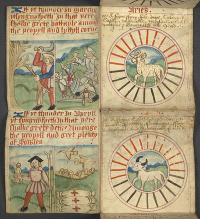 17367, f.4r मेष और वृषभ, पंचांग से, जिसमें प्रभु के अक्षरों और स्वर्णिम अंकों की तालिका है; चल पर्वों को खोजने के निर्देश; संतों का कैलेंडर, युग, अंग्रेजी शासकों की सूची, मौसम की भविष्यवाणियां, राशियों का प्रभाव द्वारा अंग्रेजी स्कूल