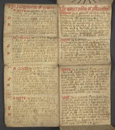 17367, पृष्ठ 9आर, पंचांग से, जिसमें प्रभु के अक्षरों और स्वर्णिम अंकों की तालिका; चल पर्वों को खोजने के निर्देश; संतों का कैलेंडर, युग, अंग्रेजी शासकों की सूची, मौसम का पूर्वानुमान, राशि चक्र के संकेतों का प्रभाव (वेल्लू) द्वारा अंग्रेजी स्कूल
