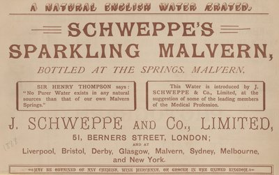 Schweppes स्पार्कलिंग मालवर्न के लिए विज्ञापन, स्प्रिंग्स पर बोतलबंद, Malvern द्वारा अंग्रेजी स्कूल