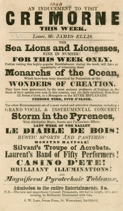 1848 में लंदन के क्रेमोर्न गार्डन में सी लायंस और शेरनी की उपस्थिति के लिए विज्ञापन करें द्वारा अंग्रेजी स्कूल