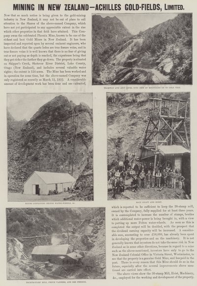 विज्ञापन, न्यूजीलैंड में खनन, अकिलीज़ गोल्ड-फील्ड्स (उत्कीर्णन) द्वारा अंग्रेजी स्कूल