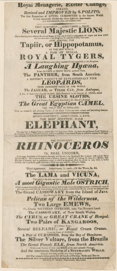 Royal Menagerie, Exeter Change के लिए विज्ञापन द्वारा अंग्रेजी स्कूल