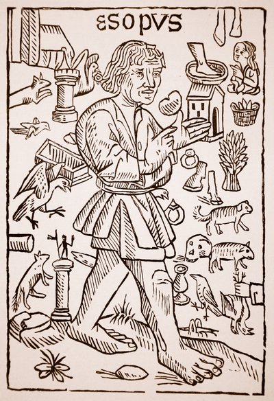 Aesop, विलियम कैक्सटन द्वारा Aesops Fables के सामने का हिस्सा (c.1422-91), 1434 (सीपिया फोटो) द्वारा अंग्रेजी स्कूल