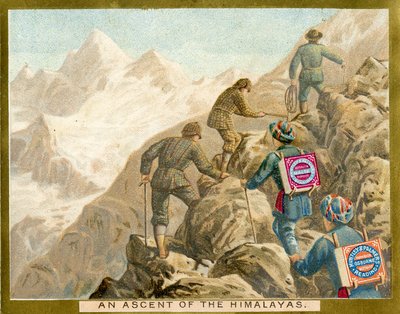 हिमालय का एक चढ़ाई, हंटले और पामर्स बिस्कुट के लिए एक प्रचार कार्ड, c.1890 द्वारा अंग्रेजी स्कूल