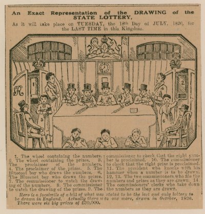 राज्य लॉटरी के ड्राइंग का सटीक प्रतिनिधित्व, क्योंकि यह 18 जुलाई 1826 को आखिरी बार किंगडम में होगा द्वारा अंग्रेजी स्कूल