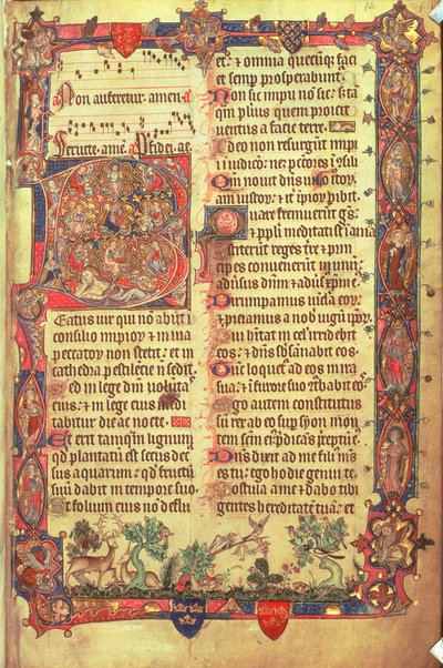 अरंडेल 83 f.14 हिरण और पक्षी, अरंडेल साल्टर से, लगभग 1310 (वेल्लम) द्वारा अंग्रेजी स्कूल