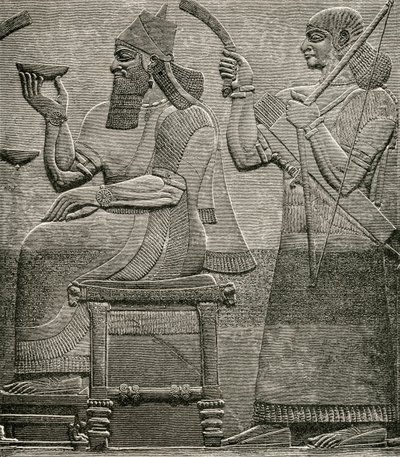 Ashur-nasir-pal II, ब्रिटिश संग्रहालय में एक आधार राहत से, जीटी बेट्टनी द्वारा द वर्ल्डस इनहेबिटेंट्स से, 1888 में प्रकाशित द्वारा अंग्रेजी स्कूल