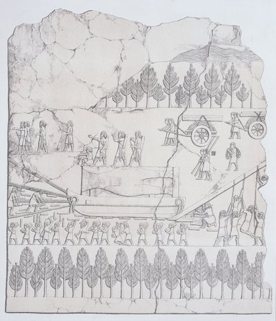 1849 में प्रकाशित ऑस्टिन हेनरी लेयार्ड (1817-94) द्वारा नीनवे और उसके अवशेष से एक स्लेज पर विंग्ड बुल को स्थानांतरित करने वाले असीरियन द्वारा अंग्रेजी स्कूल