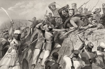 1858 में प्रकाशित &39;द हिस्ट्री ऑफ द इंडियन म्यूटिनी&39; से 30 जुलाई, 1857 को लुकन में रेडन बैटरी पर विद्रोहियों का हमला द्वारा अंग्रेजी स्कूल