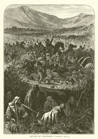 मिकमाश की लड़ाई, I, सैमुअल, XIII, 5 (उत्कीर्णन) द्वारा अंग्रेजी स्कूल