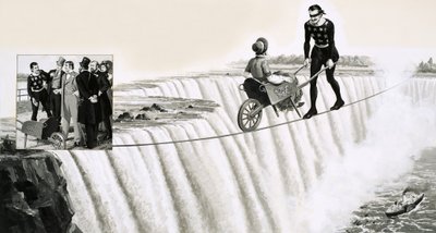 ब्लोंडिन (फ्रेंकोइस ग्रेवलेट) नियाग्रा फॉल्स के ऊपर एक पहिए के नीचे एक व्हीलब्रो को धक्का देता है द्वारा अंग्रेजी स्कूल