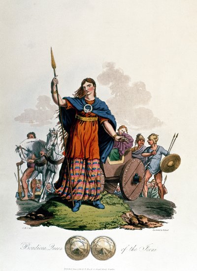Boadicea, क्वीन ऑफ़ द इकेनी, CHS द्वारा डिज़ाइन किया गया, रिचर्ड हैवेल द एल्डर द्वारा उत्कीर्ण, 1815 (एक्वाटिंट) प्रकाशित द्वारा अंग्रेजी स्कूल
