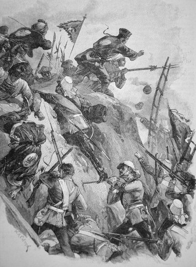 1860 में अफीम युद्धों (लिथो) के दौरान चीन में ताकू किलों पर धावा बोलने वाली ब्रिटिश सेना द्वारा अंग्रेजी स्कूल
