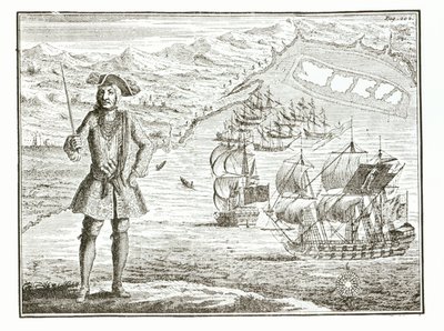 कैप्टन बार्थोलोमेव रॉबर्ट्स (1682-1722) दो जहाजों के साथ, रॉयल फॉर्च्यून और रेंजर गाइनी के तट पर व्हीडा रोड में 11 जनवरी 172 को पाल लेते हैं द्वारा अंग्रेजी स्कूल