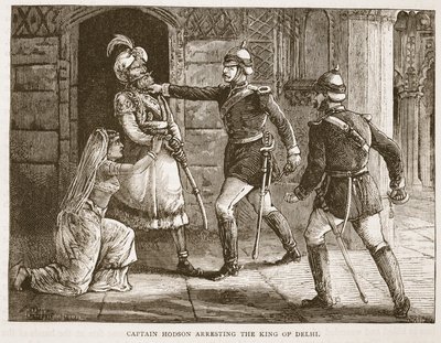 कैप्टन हॉडसन दिल्ली के राजा को गिरफ्तार करते हुए, इंग्लैंड के कैसल्स इलस्ट्रेटेड हिस्ट्री से दृष्टांत देते हैं द्वारा अंग्रेजी स्कूल