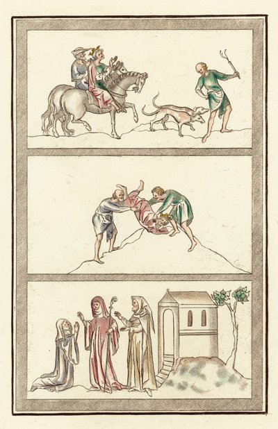 सेनेलम, मर्सिया के राजा, शिकार, राजा की हत्या, मठाधीश, नन और एंकराइट (रंगीन उत्कीर्णन) द्वारा अंग्रेजी स्कूल