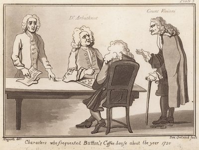जिन पात्रों ने बटंस कॉफ़ी हाउस को वर्ष 1720 के बारे में बताया: डॉ। आर्बुथनॉट, काउंट विवियन द्वारा अंग्रेजी स्कूल