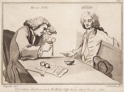 जिन पात्रों ने बटंस कॉफी हाउस को वर्ष 1720 के बारे में बताया; मार्टिन फोकस, एडिसन द्वारा अंग्रेजी स्कूल