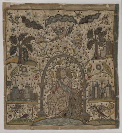 चैरिटी के नीचे चैरिटी, c.1640 (रेशम, धातु के धागे और साटन पर स्पैंगल) द्वारा अंग्रेजी स्कूल