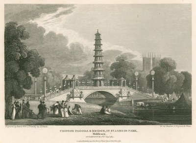 चीनी पगोडा और पुल, सेंट जेम्ज़ पार्क, लंदन, जैसा कि 1 अगस्त 1814 को दिखाई दिया था द्वारा अंग्रेजी स्कूल