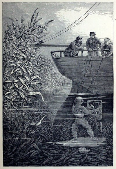 अंडर द वेव्स, या डाइविंग इन डीप वाटर्स, पब से स्क्रू को साफ़ करना। 1887. द्वारा अंग्रेजी स्कूल
