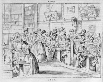 1863 में लंदन कॉफी हाउस-पास्ट एंड प्रेजेंट (रंग उत्कीर्णन) से कॉफी रूम द्वारा अंग्रेजी स्कूल