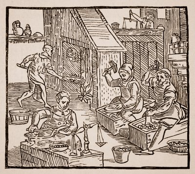 काम पर सिक्का, 1577 (सीपिया फोटो) द्वारा अंग्रेजी स्कूल