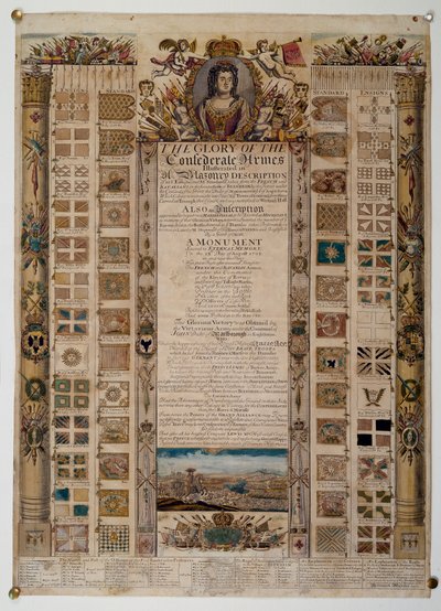 Blenheim, c.1704 (रंगीन रेखा उत्कीर्णन) की लड़ाई के बाद फ्रांसीसी से पकड़े गए मानकों को दर्शाने वाले स्मारक चार्ट द्वारा अंग्रेजी स्कूल
