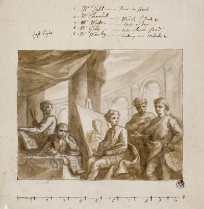 चित्रकारों की कंपनी, c.1719 (ब्रश और ब्राउन वॉश, ग्रेफाइट से अधिक, हाथी दांत के कागज पर) द्वारा अंग्रेजी स्कूल