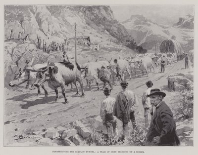 सिम्पलॉन टनल का निर्माण, बैलों की एक टीम एक बॉयलर (लिथो) ला रही है द्वारा अंग्रेजी स्कूल
