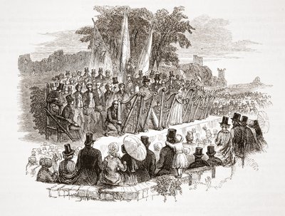 1828 में एचआरएच ड्यूक ऑफ सूज से पहले रॉयल डेनबी एवेरिडोड पर गोल्ड हार्प के लिए प्रतियोगिता (स्टील उत्कीर्णन) द्वारा अंग्रेजी स्कूल