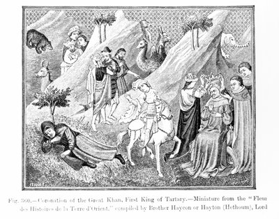 द ग्रेट खान (कुबलई खान) का राज्याभिषेक (1214-94) टार्टरी के पहले राजा, फ्लेर डेस हिस्टोइरेस डे ला टेरियर से, हैटन द्वारा संकलित (d.1271), टी में विज्ञान और साहित्य से चित्रण द्वारा अंग्रेजी स्कूल