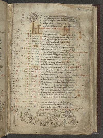 कॉटन जूलियस ए. VI, f.5, मई के लिए कैलेंडर पृष्ठ: चरवाहे और झुंड (वेल्लम) द्वारा अंग्रेजी स्कूल