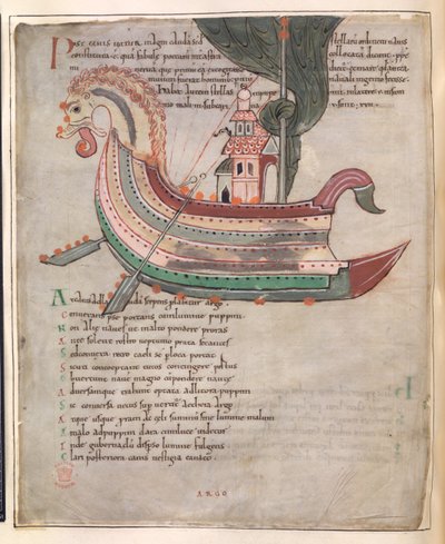 कॉटन टिबेरियस बी. वी, भाग 1, f.40v, एक जहाज, टावर और एक सर्प सिर के साथ (वेल्लम) द्वारा अंग्रेजी स्कूल