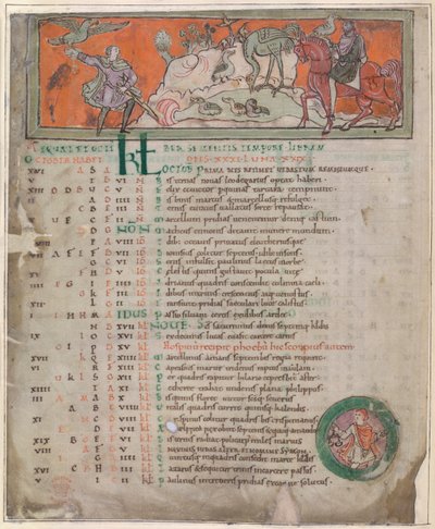 कॉटन टिबेरियस बी. वी, भाग 1, f.7v #39;एंग्लो-सैक्सन कैलेंडर#39; (वेलम) से चित्रण द्वारा अंग्रेजी स्कूल