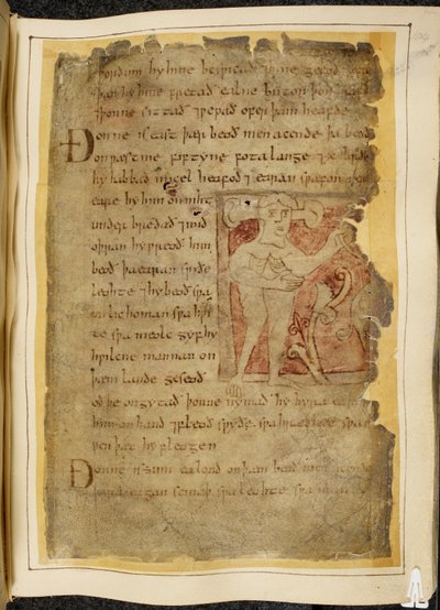 कॉटन विटेलियस ए. XV f.104r, एक पैनोटी, अर्थात् एक आदमी जिसके कान तने पर निकले हुए हैं, एक ऐसी वस्तु पकड़े हुए है जो धनुष जैसी दिखती है, बियोवुल्फ़ से चित्रण, #39;नोवेल कोडेक्स#39; से (चर्मपत्र पर स्याही) द्वारा अंग्रेजी स्कूल
