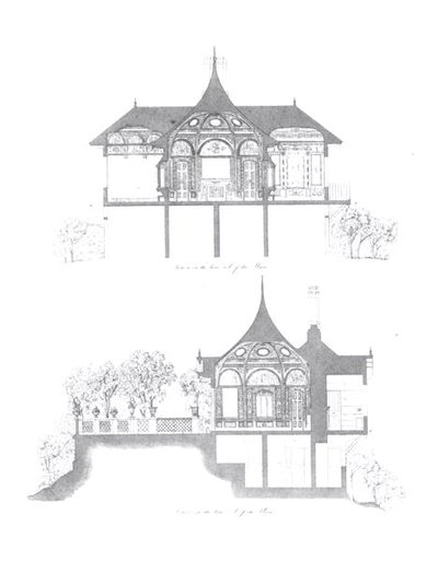लुडविग ग्रनर (1801-82) और अन्ना ब्राउनेल जेमिसन (1794-1860) 1846 (बी/डब्ल्यू) द्वारा 'द डेकोरेशन ऑफ द गार्डन पवेलियन इन द ग्राउंड्स ऑफ बकिंघम पैलेस' से समर हाउस ऑफ बकिंघम पैलेस के क्रॉस सेक्शन तस्वीर) द्वारा अंग्रेजी स्कूल