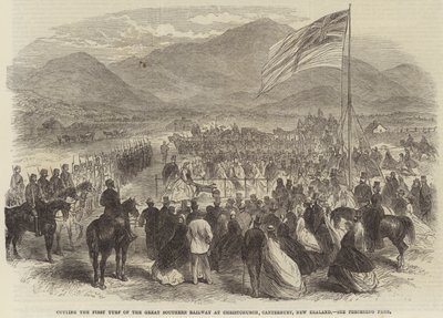 क्राइस्टचर्च, कैंटरबरी, न्यूजीलैंड में ग्रेट सदर्न रेलवे का पहला टर्फ काटना (उत्कीर्णन) द्वारा अंग्रेजी स्कूल