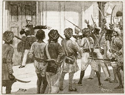 डी कंत्ज़ो ने म्य्नपोरे में ट्रेज़री का बचाव करते हुए, कैसल्स इलस्ट्रेटेड हिस्ट्री ऑफ़ इंग्लैंड से दृष्टांत (सीपिया फोटो) द्वारा अंग्रेजी स्कूल