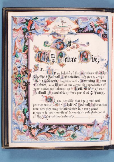 शेफ़ील्ड फुटबॉल एसोसिएशन द्वारा विलियम पियर्स-डिक्स को सचिव, 1882 (कागज पर स्याही) के रूप में उनकी सेवानिवृत्ति के अवसर पर दिए गए एक पते से समर्पण (यह भी देखें 315163) द्वारा अंग्रेजी स्कूल