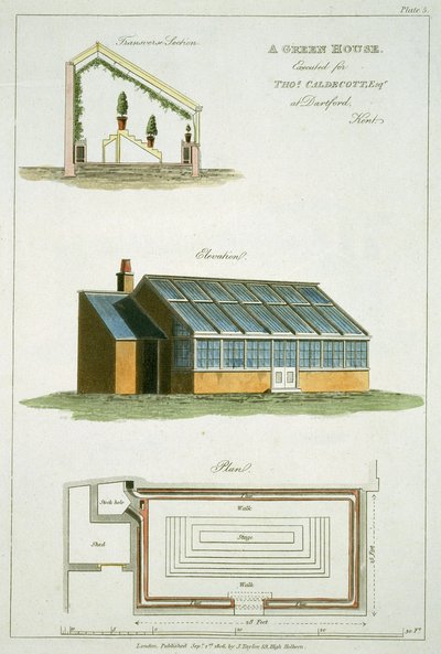 एक ग्रीन हाउस के लिए डिजाइन, 1806 में डार्टफोर्ड, केंट में थॉमस कैल्डकोट के लिए निष्पादित किया गया द्वारा अंग्रेजी स्कूल