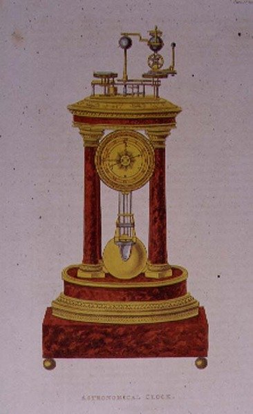 1809-28 में प्रकाशित एकरमैन की 'रिपॉजिटरी ऑफ आर्ट्स, लिटरेचर, कॉमर्स, मैन्युफैक्चरर्स, फैशन एंड पॉलिटिक्स' से एस्ट्रोनॉमिकल क्लॉक, प्लेट 139 के लिए डिजाइन। द्वारा अंग्रेजी स्कूल
