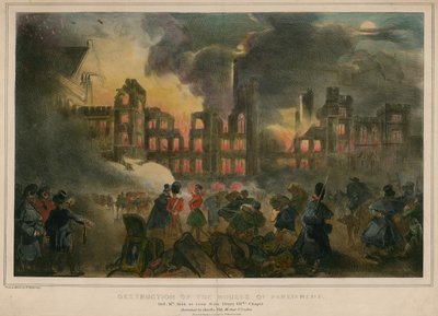 16 अक्टूबर 1834 को संसद के सदनों की आग से विनाश, जैसा कि हेनरी VIII चैपल से देखा गया था द्वारा अंग्रेजी स्कूल