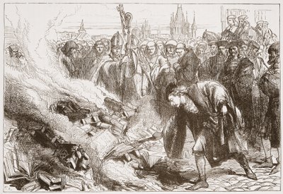 प्राग में Wicliffe के कार्यों का विनाश, जेम्स एइटकेन वायली (1808-1890), पब द्वारा प्रोटेस्टेंटिज़्म के इतिहास से चित्रण। 1878 द्वारा अंग्रेजी स्कूल