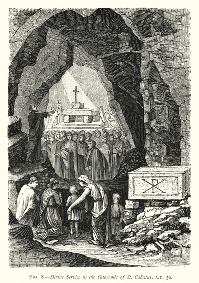 सेंट कैलीक्सटस के प्रलय में दिव्य सेवा, ५० ईस्वी (उत्कीर्णन) द्वारा अंग्रेजी स्कूल